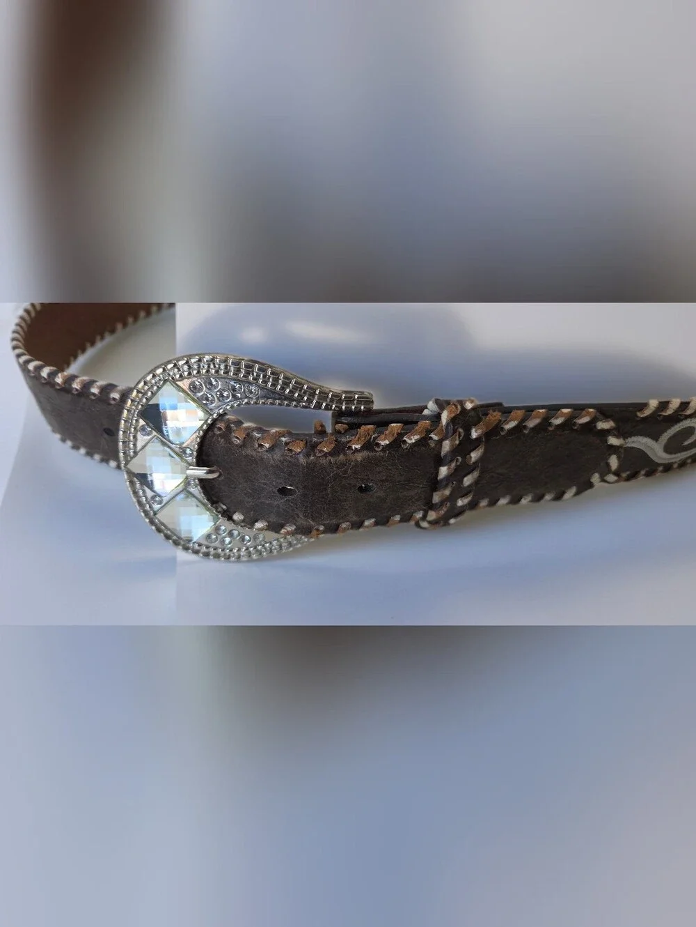 Nocona Brown Leather Belt with Rhinestone Buckle & Embroidery Scroll Size L